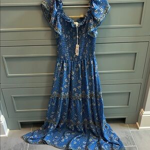 Max Studio Blue Floral Smocked Ruffled Maxi Dress
